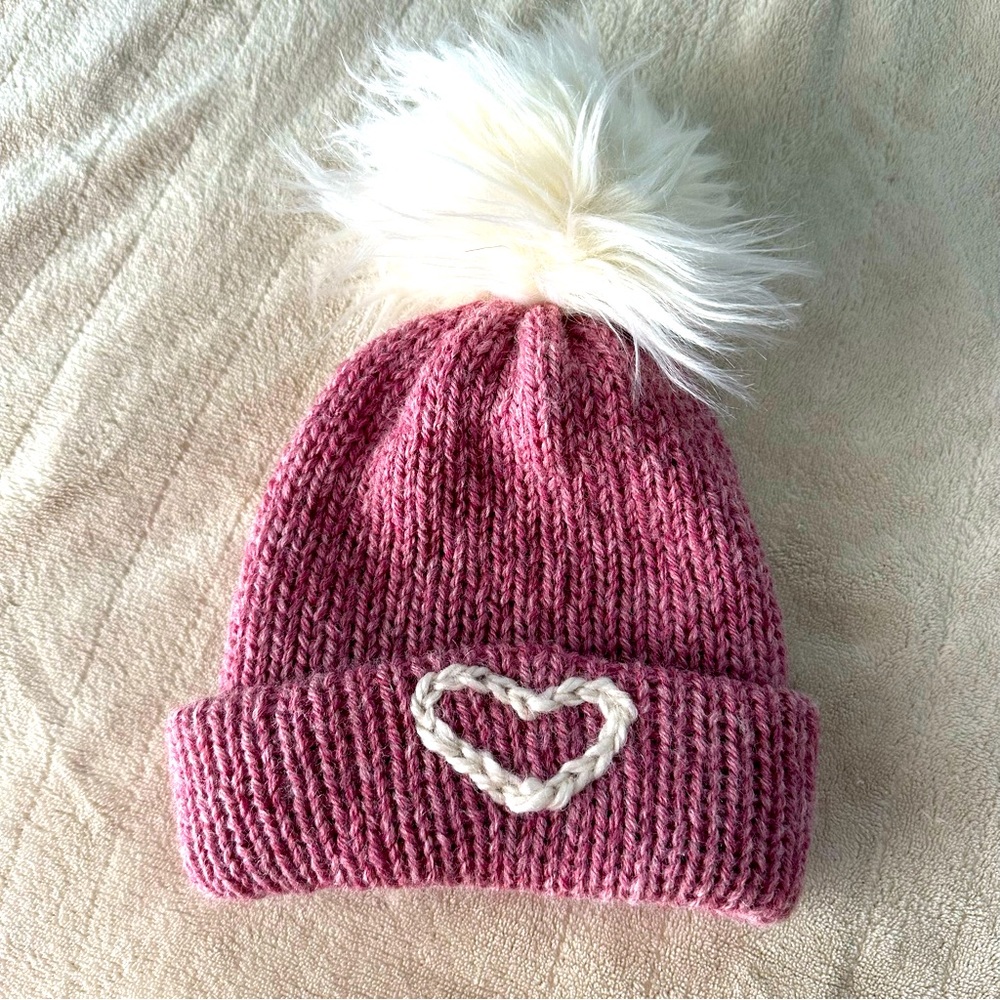 Handmade knit infant beanie, Valentine’s Day. 0-12 mos